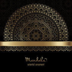 Golden vintage greeting card on a black background. Ethnic mandala pattern. Hand drawn vector illustration