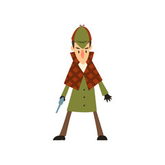Sherlock Holmes detective character with gun vector Illustration on a white background