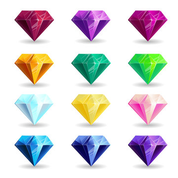A collection of isolated realistic diamond of different colors. Jewelry for mobile games or design