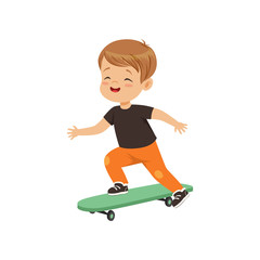Cute little boy riding skateboard, kids physical activity concept vector Illustration on a white background