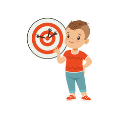 Cute boy playing darts, kids physical activity concept vector Illustration on a white background
