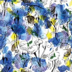 Contour floral pattern on abstract watercolor background