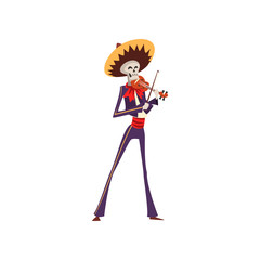 Skeleton in Mexican national costume playing violin, Dia de Muertos, Day of the Dead vector Illustration on a white background