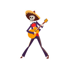 Skeleton in Mexican traditional costume dancing, singing, playing guitar, Dia de Muertos, Day of the Dead vector Illustration on a white background