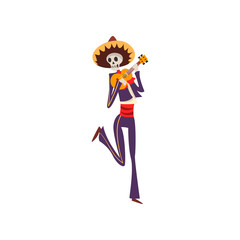 Skeleton in Mexican traditional costume dancing, singing and playing uculele, Dia de Muertos, Day of the Dead vector Illustration on a white background