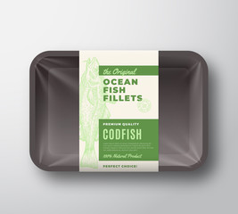 The Original Fish Fillets Abstract Vector Packaging Design Label on Plastic Tray with Cellophane Cover. Modern Typography and Hand Drawn Codfish Silhouette Background Layout.
