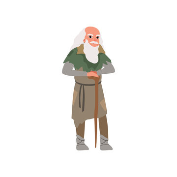 Old man in medieval clothes wirh wooden stuff vector Illustration on a white background