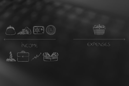 multitude of income source icons next to only one type of expenses