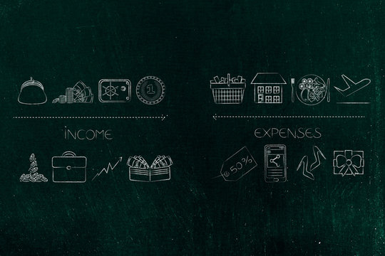 income icons from cash to safebox and investment stats vs expenses from housing to holiday food and shopping