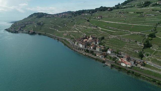 Switzerland vineyards in Alps next to Geneva lake 4k aerial video