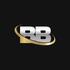 Initial letter BB, overlapping swoosh ring logo, silver gold color on black background