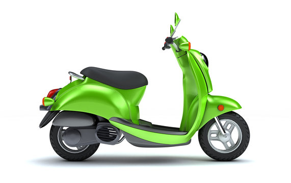 3D Rendering Of Green Retro Motor Scooter Isolated On White Background. Side View Of Colorful Vintage Motorcycle