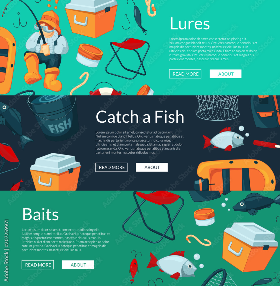 Sticker Vector banners illustration with cartoon fishing