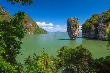 Spectacular overlook of the James Bond island, Khao Phing Kan, with its famous limestone in Phang...