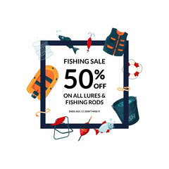 Vector frame with cartoon fishing equipment illustration