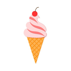 Cherry fruit Ice Cream in waffle cone in trandy paper cut style. Craft tasty bright summer icecream on white background for package design, T-shirt printing. Vector card illustration.
