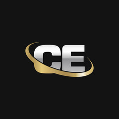 Initial letter CE, overlapping swoosh ring logo, silver gold color on black background