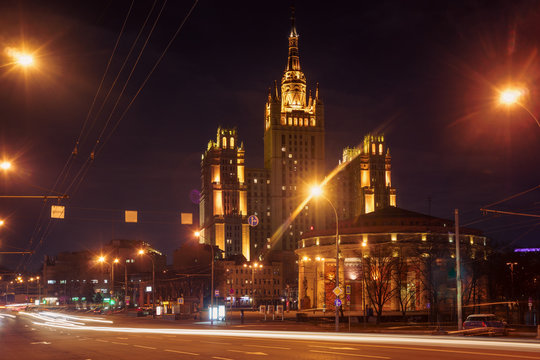 The light trails on the modern building background in Moscow, Russia © Sloniki