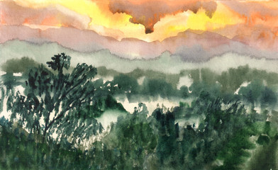 Hand drawn watercolor background  with landscape of Vietnam. Mountains, forest, sunset