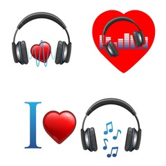 Music themed promo emblems with headphones and hearts