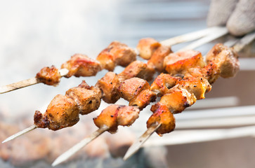 Fried meat. Shashlik preparation. Smoking shashlik. Tasty food.