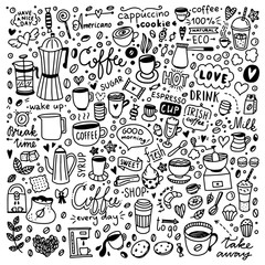 Coffee illustrations set. Hand drawn doodle collection with cups of coffee, coffee beans and desserts