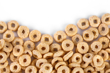 healthy cereal rings on white background. Good morning. A healthy, healthy breakfast. Dry muesli.