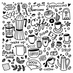 Hand drawn coffee icons. Cafe set with coffee cups and sweet desserts