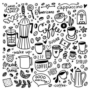 Hand drawn coffee icons. Cafe set with coffee cups and sweet desserts © redchocolatte