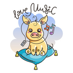 Greeting card with cute golden cartoon pig