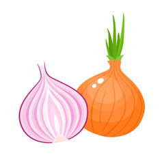 Vector illustration of cartoon red, yellow onion isolated on white