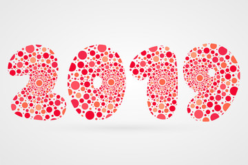 2019 Happy New Year abstract vector illustration. Bubbles symbol for celebration. Decorative sign with circles. Red funny decoration element for design, cartoon