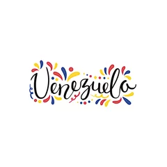 Foto op Canvas Hand written calligraphic lettering quote Venezuela with decorative elements in flag colors. Isolated objects on white background. Vector illustration. Design concept for independence day banner. © Maria Skrigan