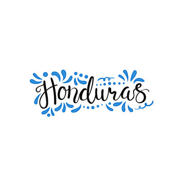 Hand written calligraphic lettering quote Honduras with decorative elements in flag colors. Isolated objects on white background. Vector illustration. Design concept for independence day banner.