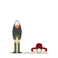 Muslim praying. Two Muslim arabic men in different suit and traditional clothes standing, sitting and praying. The performance of Muslim prayer by men with omitted hands and in a bow. Illustration