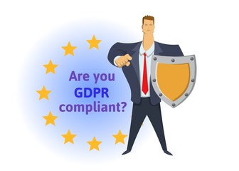 GDPR compliance. General Data Protection Regulation. Businessman with a shield pointing out a question in front of EU stars. Are you compliant. Flat vector illustration. Isolated on white background.