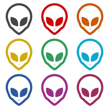 Alien head icon, Extraterrestrial alien face, color icons set
