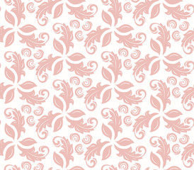 Floral vector ornament. Seamless abstract classic background with pink flowers. Pattern with repeating floral elements. Ornament for fabric, wallpaper and packaging