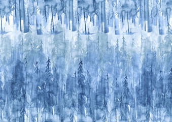 Fototapeta na wymiar Watercolor group of trees - fir, pine, cedar, fir-tree. Blue, winter forest, landscape, forest landscape. Drawing on white isolated background.