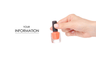 Orange nail polish in hand pattern on white background isolation