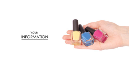 Nail polish in hand pattern on white background isolation