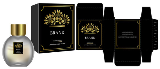 Packaging design, Label on cosmetic container with black and gold luxury box template and mockup box. illustration vector.