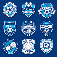 Set of nine football badges. Soccer emblems. Collection symbol of football