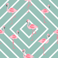 Seamless pattern pink flamingo standing on geometric background.printing wallpaper.vector illustration