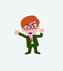 Businessman with glasses argues something with a gesture of discontent.