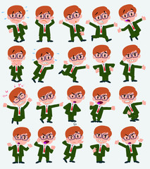 Fototapeta premium Cartoon character businessman with glasses. Set with different postures, attitudes and poses, always in negative attitude, doing different activities in vector vector illustrations.