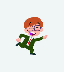 Businessman with glasses running smiling.