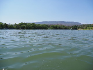 Wonderful view of Grijalva river landscape with boats at Sumidero canyon of Chiapas State in Mexico