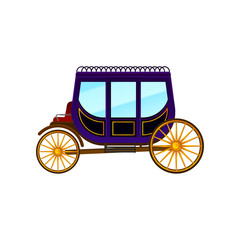 Horse-drawn carriage with large purple cab and big gold wheels. Vintage passengers transport. Flat vector icon of antique wagon