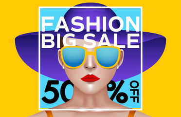 Obraz na płótnie Canvas Sale banner fashion colorful template with big text and shopping elements on yellow background vector